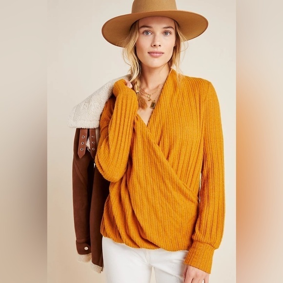 Maeve by Anthropologie Rafela Hacci Faux Wrap Long Sleeve Sweater Top - Picture 1 of 8